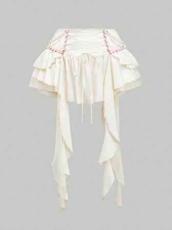 Fairycore Plus Size Floral Fabric Ruffled Trim Flower Pearl Chain Decorated Shorts Skirt