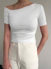 DAZY Women Short Sleeve Cropped Black Tee, Slim Fit Off Shoulder, Spring/Summer - White - View 5