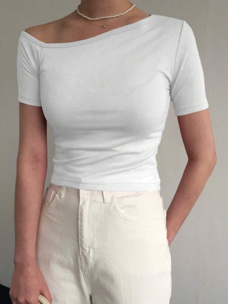 Women Short Sleeve Cropped Black Tee, Slim Fit Off Shoulder, Spring/Summer