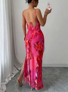 Elenzga Women's Summer Floral Print Bodycon V-Neck Backless Ruffle Hem Slip Dress For Vacation - Multicolor - View 2