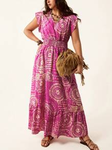 SHEIN LUNE 大码女式夏季宽松休闲风格连衣裙，玫瑰粉色舒适合身几何图案 V 领蕾丝袖腰部松紧带束腰 Chillax 连衣裙女式波西米亚连衣裙女式太阳裙 - 彩色 - 查看 4