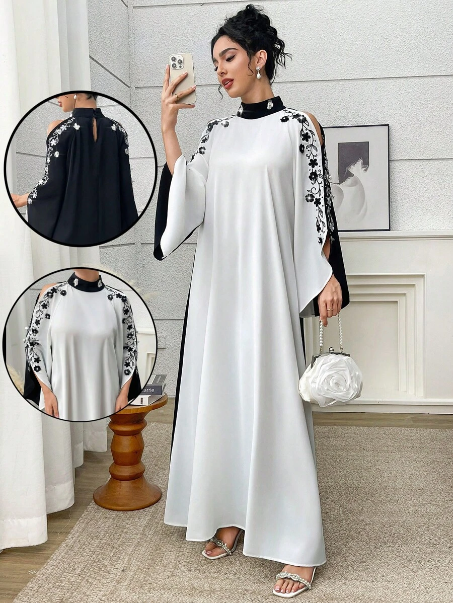 Al Najma 女式宽松立领露肩花卉装饰优雅阿拉伯风格连衣裙 - 黑與白 - 查看 1
