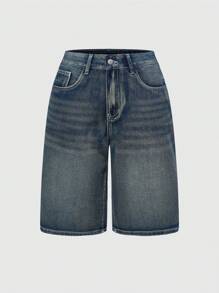 ROMWE Grunge Punk Quần short denim ống rộng quá khổ thời trang đường phố punk phong cách Tokyo thêu cánh và trang trí bằng đá quý cho phụ nữ - Màu xanh lam - Xem 2