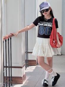 DAZY Tween Girls Round Neck Knit Printed Short Sleeve T-Shirt For Summer,Back To School Clothes - Black - View 2