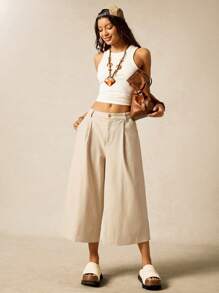 Easelle Summer Renaissance Cotton Fair Vintage Bohemia Women's Light Khaki Woven 3/4 Suit Wide Leg Pants Bermuda Capris For Women - Khaki - View 5