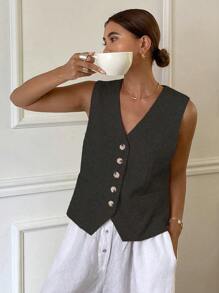 DAZY Women's Solid Color Fitted V-Neck Sleeveless Blazer Linen,Fall Clothes Business Attire - Dark Grey - View 1