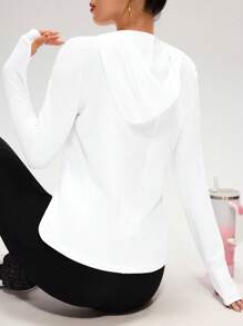 SHEIN Cheerettes Solid Color Hooded Pullover White Long Sleeve Casual Sports Sweatshirt, Spring/Fall