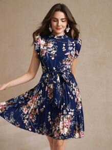 Amorya 印花荷葉邊百褶下擺繫腰帶連衣裙 - 藏蓝色 - 查看 4