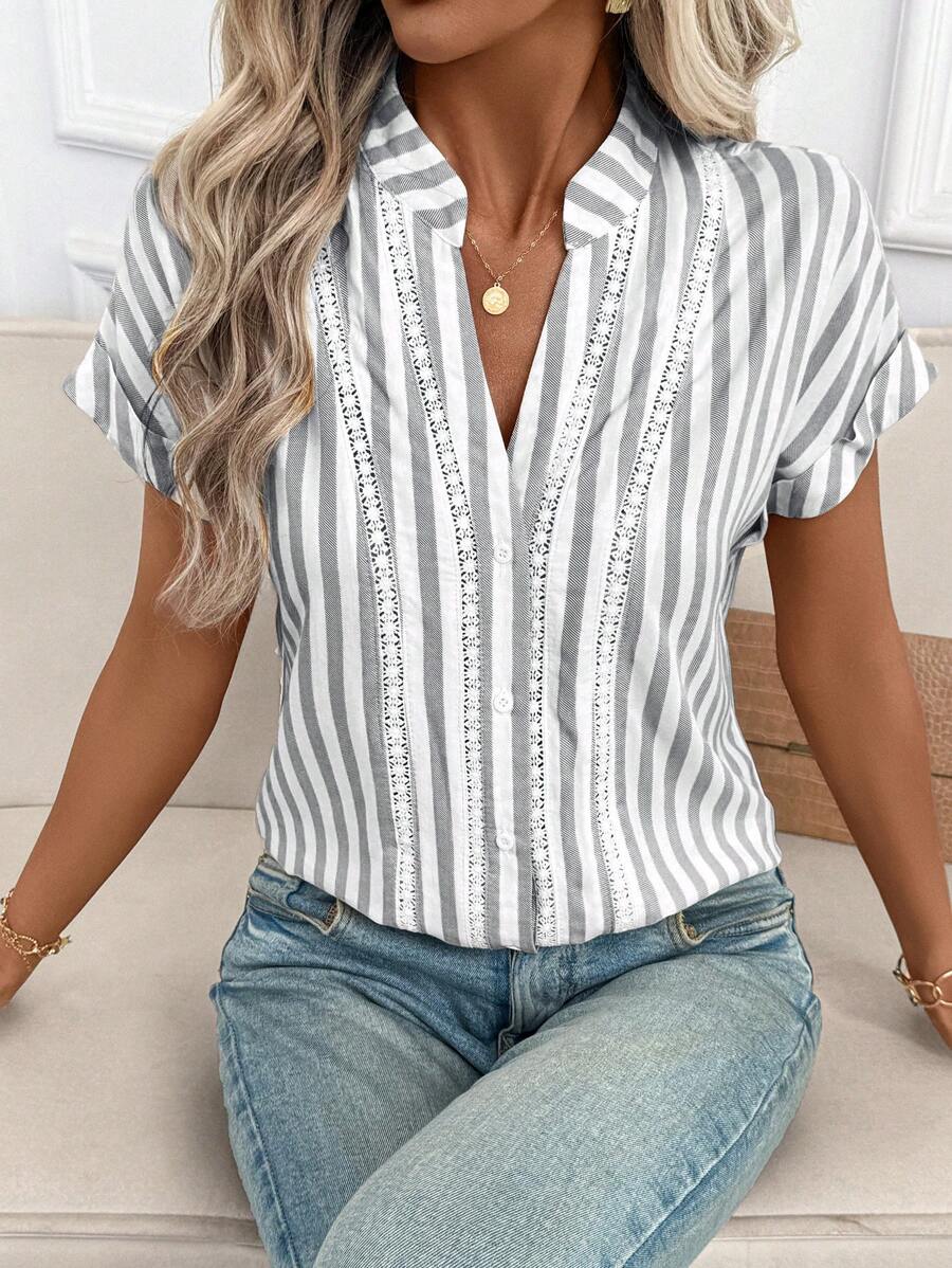 SHEIN Clasi Women's New Striped Patchwork Ruffle Trim Button-Up Shirt, Suitable For Work Or Commute - Grey - View 1