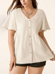 SHEIN LUNE Plus Size Summer Women's Cozy Fit Apricot Slouchy Casual Style Renaissance Fair Puff Sleeve Boho Blouse Relaxed Bohemian Blouse, Summer Short Sleeve Simple Casual Everyday Blouse Casual Vacation Mother's Day Gift Mama Mother Day Boho Blouse - Apricot - View 5