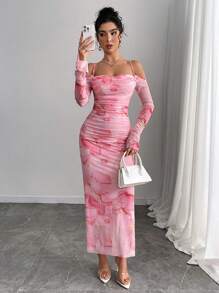 SHEIN PETITE Đầm ôm body tay dài in họa tiết hoa màu hồng hở vai cho nữ - Hồng - Xem 4