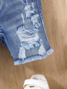 SHEIN Baby Pojke Sommar Casual Slitna Rivna Frayed Blå Knappar Framfickor Skinny Jeansshorts, Baby Vår/Sommar Vårlov Vardagskläder - Mediumtvätt - Visa 5