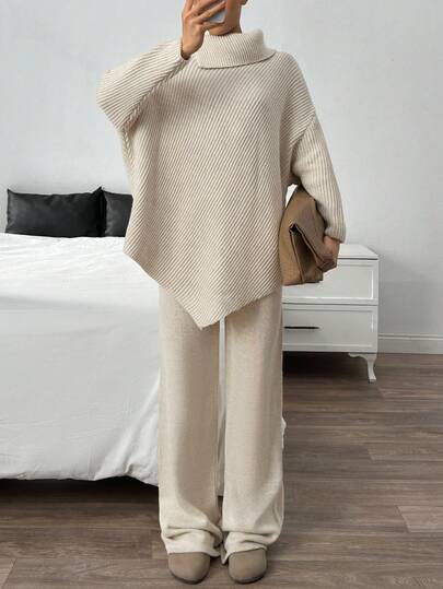 EURMUSE Casual Turtle Neck Balloon Sleeve Asymmetric Cut Hem Batwing Oversize Sweater & Wide Leg Solid Color Knitted Pants 2 Pieces Knit Set,Winter Clothes Women,Winter Clothes,Autumn Outfits Women
