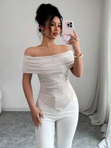 Elenzga Women's Striped Slim Fit Ruched Waist Off Shoulder T-Shirt - Apricot - View 4