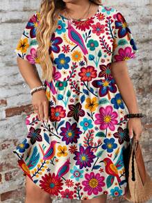SHEIN CURVE+ Plus Size Casual Peter Pan Collar Shift Dress, Curve Plus, Boho Vacation - Multicolor - View 1