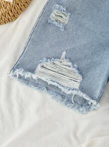 青少年女孩豹纹细肩带背心和破洞牛仔短裤两件套，伊比沙岛夏季服装 - 咖啡棕 - 查看 7