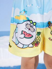 SEALOOK X SHEIN Young Boy Cartoon Seal Beach Ocean Blue Breathable Casual Shorts - Blue - View 5
