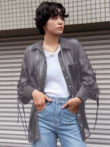 FRIFUL Áo sơ mi nữ tay dài dây rút màu trơn thường ngày - Xám - Xem 3