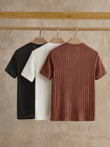 HIMLAND paquete de 3 camisetas de manga corta de cuello redondo de punto acanalado de ocio para hombres - Marrón - Ver 2