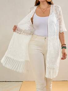 EMERY ROSE Plus Size Casual Solid Color Lace Fringe Hem Cardigan, Simple And Fashion Style, Suitable For Summer,Casual Holiday Style, Casual Holiday Outfits, Summer Fashion, Women's Summer Outfits, Mother's Day Outfits, Country Concert Outfits, Women's Boho Outfits, Women's Western Outfits, Women's Holiday Outfits, Women Summer Clothing Women Plus Clothing Business Casual Woman S Summer Clothes Women Plus Clothing Formal - White - View 8