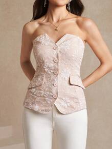 Amorya Spring And Summer, Valentine's Day,Elegant Women's Apricot Three-Dimensional Jacquard Buttoned Notched Neckline Strapless Top - Apricot - View 3