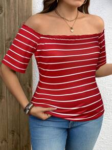 SHEIN LUNE 加大码露肩T恤，短袖条纹时尚，适合夏季 - 紅色 - 查看 3