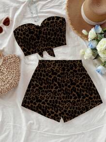 Soleia 2件套女士夏季时尚豹纹前系带抹胸上衣和短裤套装 - 彩色 - 查看 1