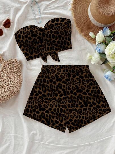 Soleia 2件套女士夏季时尚豹纹前系带抹胸上衣和短裤套装