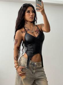 Coolane Women's Fall/All-Season Festival Hippie Punk Country Concert Streetwear Grunge Y2K Stretchy Slim Fit Rivet Halter Top - Black - View 3