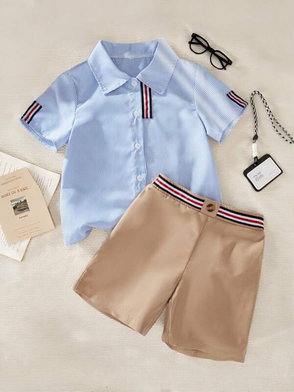 SHEIN Set 2 buc. cămașă și pantaloni scurți cu dungi confortabili pentru băieți tineri