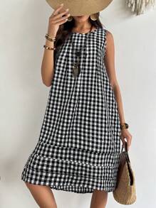 EMERY ROSE Women's Plaid Print Round Neck Ruffle Hem Sleeveless Mid-Length Dress - Black - View 6