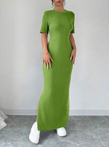 Selianne Vestido largo de mujer con cuello en V, bajo dividido y manga corta en unicolor - Conjunto de mujer