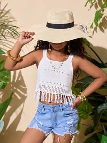 SHEIN Parte superior corta sin mangas de unicolor para niñas preadolescentes con espalda calada y bajo con flecos