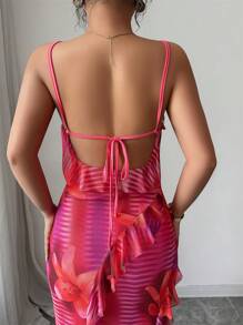 Elenzga Women's Summer Floral Print Bodycon V-Neck Backless Ruffle Hem Slip Dress For Vacation - Multicolor - View 6