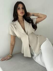 Firerie Veste de blazer en lin à taille cintrée à manches courtes, style décontracté/bureau, en abricot, pour l'été, pour femmes