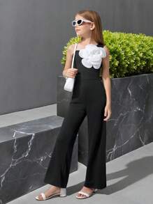 SHEIN Tween Girls' Fitted Jumpsuit With 3D Flower Design, Suitable For Party And Holiday Occasions - Black and White - View 5
