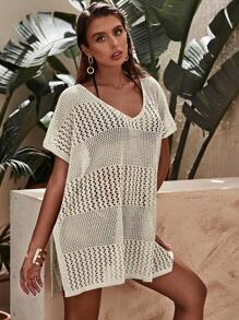 SHEIN Swim Vcay Áo choàng đan móc màu be, cổ chữ V, tay ngắn, trang phục đi biển giản dị thanh lịch cho mùa xuân và mùa hè, lễ hội âm nhạc - Màu be - Xem 4