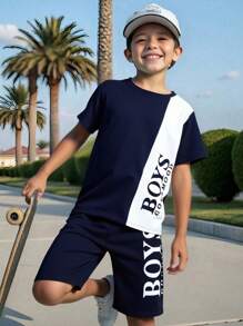 2pcs/Set Boys' Letter Print Contrast Color Round Neck Short Sleeve T-Shirt And Shorts Set - Multicolor - View 1