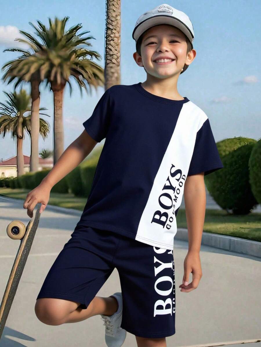 2pcs/Set Boys' Letter Print Contrast Color Round Neck Short Sleeve T-Shirt And Shorts Set - Multicolor - View 1