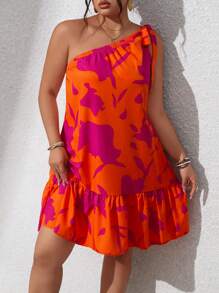 Sunserae 加大码露肩系带前褶边下摆无袖 A 字裙，适合女士春夏海滩装 - 橘色 - 查看 6