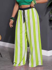 Slaydiva Pantalones largos de mujer de talla grande con estampado a rayas, ideales para festivales de música, fiestas y vacaciones - 2025 Nueva Moda