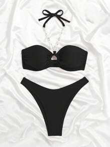 SHEIN Swim Women Bikini Sets Cincin Tie Back Ruched Bust Plain Seksi - Hitam - View 4