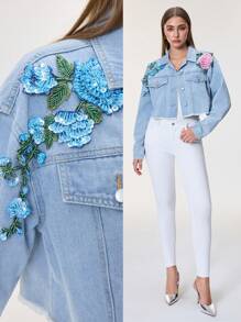 SHEIN Frenchy Chaqueta corta de jean con aplicaciones de bordados y lentejuelas para mujer - Azul - Ver 1