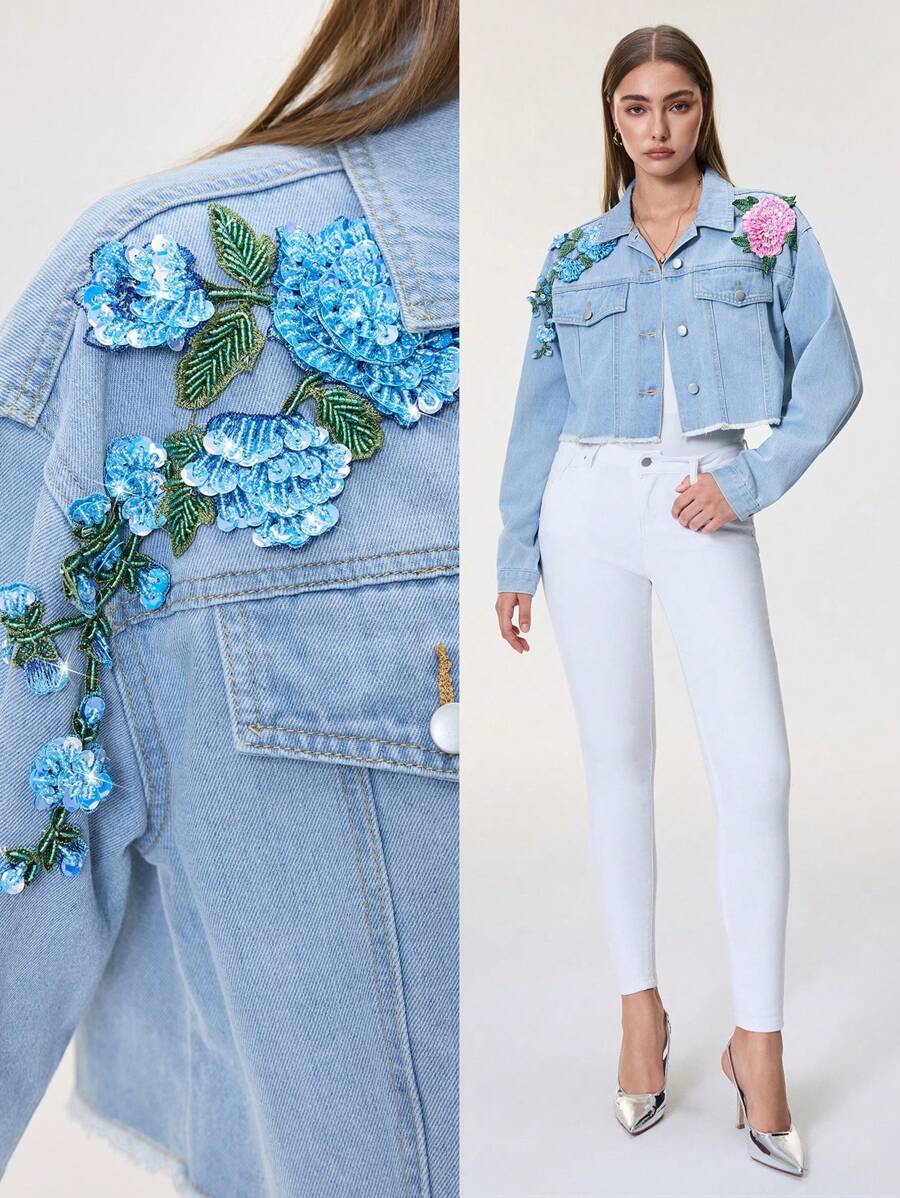 SHEIN Frenchy Chaqueta corta de jean con aplicaciones de bordados y lentejuelas para mujer - Azul - Ver 1