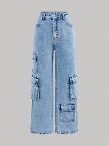 SHEIN Girlism Jeans de estilo utilitario con múltiples bolsillos en azul lavado para adolescentes chicas - Azul lavado medio - Ver 1