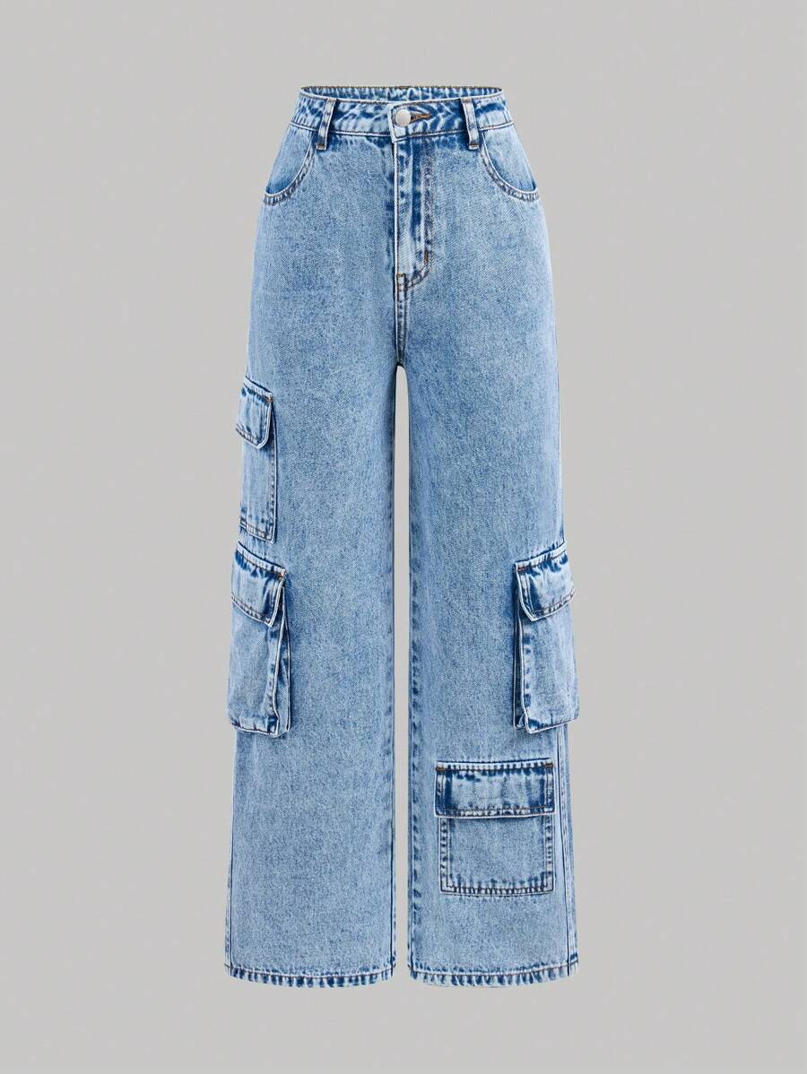 SHEIN Girlism Jeans de estilo utilitario con múltiples bolsillos en azul lavado para adolescentes chicas - Azul lavado medio - Ver 1