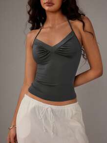 TRNVIE Versatile V-Neck Tie Spaghetti Strap Tank Top For Women - Dark Grey - View 3