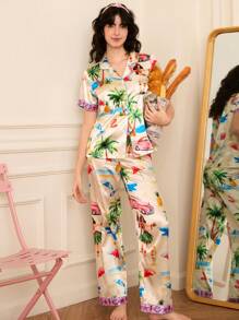 Chillnights Faux Silk Sleepwear Set With Forest Animal Print Holiday Season - Multicolor - View 4