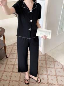 SHEIN Tween Girls 2pcs Set Casual Ribbon Bow Decor Short Sleeve Top And Ribbed Long Pants Pajama Set