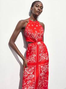 Maija 2025 Sommer neue Ankunft Damen Spaghettiträger rückenfreies Kleid mit Bindung in der Taille, locker fließendes Cutout Design, schmeichelhaft & schlank, geeignet für Urlaub, Alltag, Strand, Pendeln, Ausgehen, bedrucktes Kleid - Rot - Übersicht 5